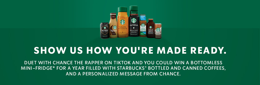 #MadeReadyDuet – Chance the Rapper sits next to a full mini-fridge of Starbucks bottled and canned coffee products.