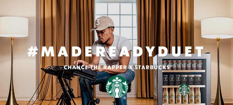 #MadeReadyDuet – Chance the Rapper sits next to a full mini-fridge of Starbucks bottled and canned coffee products.